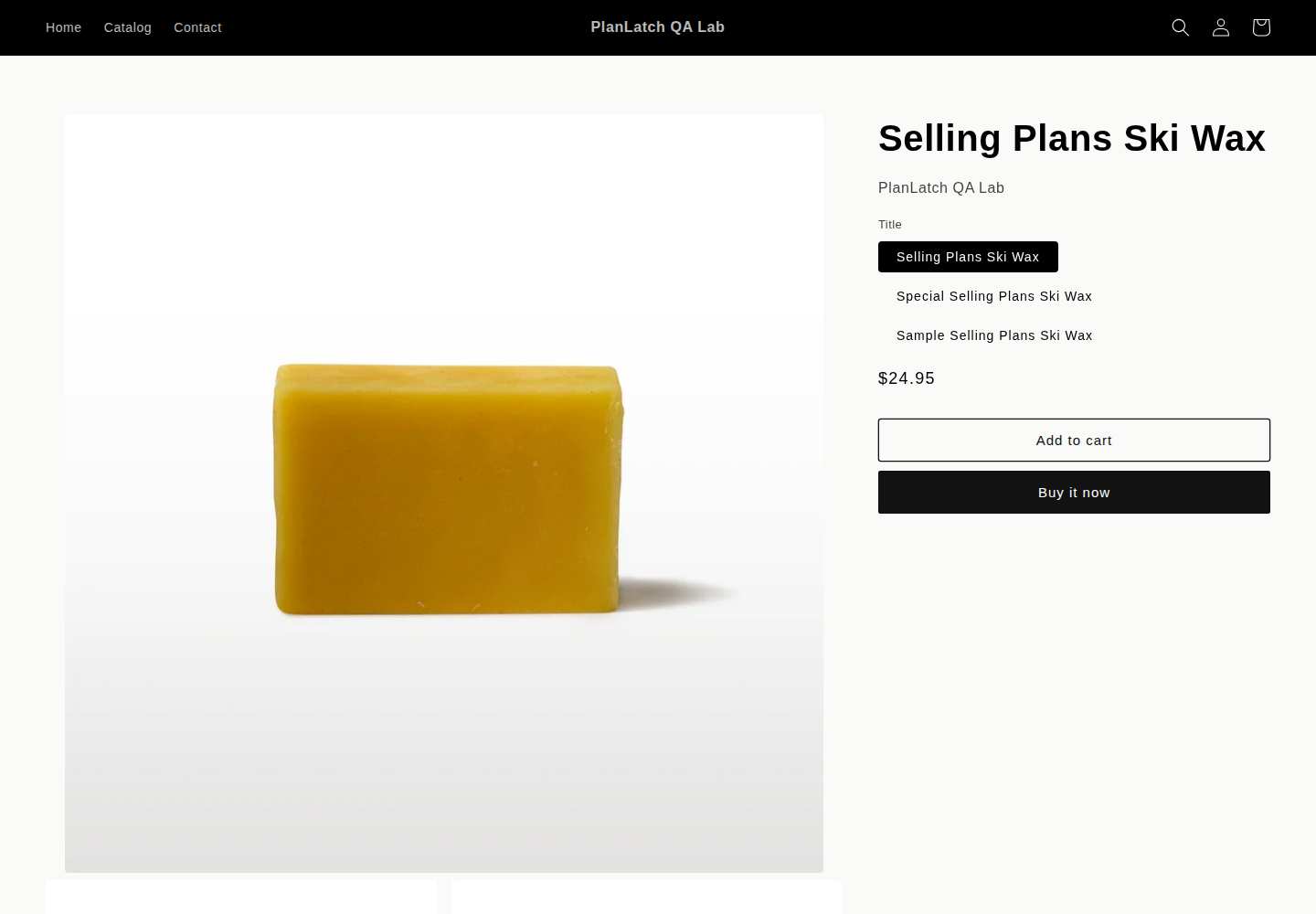 Desktop Shopify QA product page where the subscription control is absent during the controlled regression